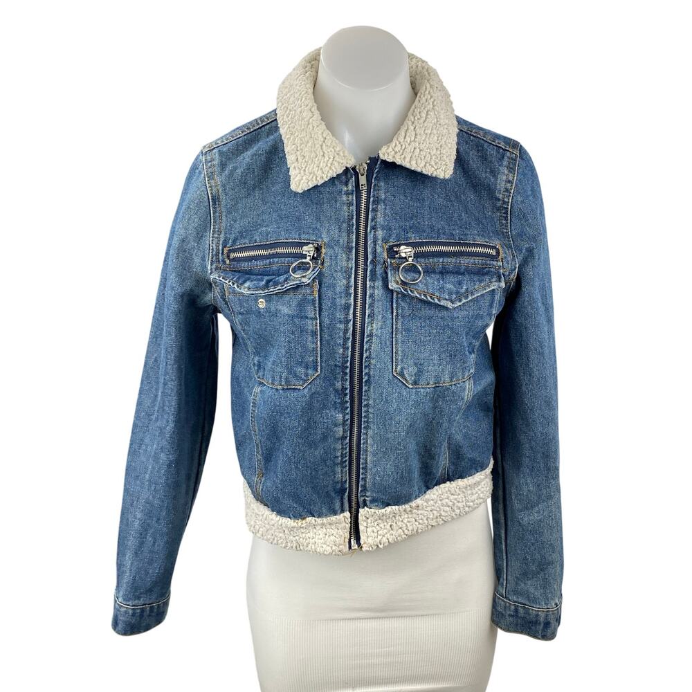 Refuge Women's Blue Sherpa Trim Full Zip Long Sleeve Trucker Denim Jean Jacket S